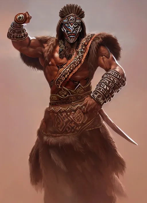 Image similar to a highly detailed illustration of tribal masked aztec warrior wearing brown robe, heroic fist pose, muscular, intricate, elegant, highly detailed, centered, digital painting, artstation, concept art, smooth, sharp focus, league of legends concept art, wlop.