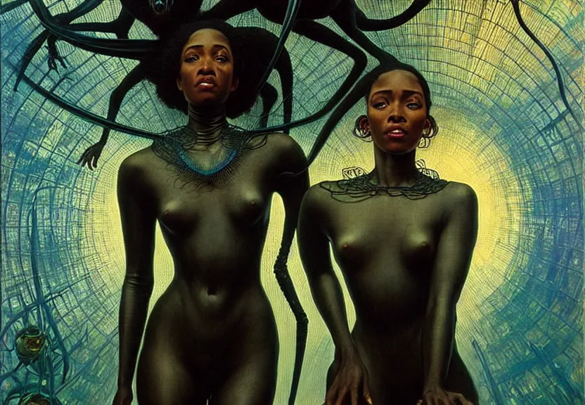 Image similar to realistic detailed portrait movie shot of a beautiful black woman in a transparent sheer suit raincoat dancing with a giant spider, futuristic sci fi landscape background by denis villeneuve, jean delville, monia merlo, ernst haeckel, alphonse mucha, max ernst, caravaggio, roger dean, sci fi necklace, masterpiece, dreamy, rich moody colours