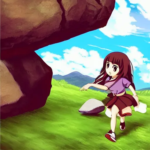 Image similar to “Indians jones as an anime girl running away from a rolling giant stone boulder trap, anime art”