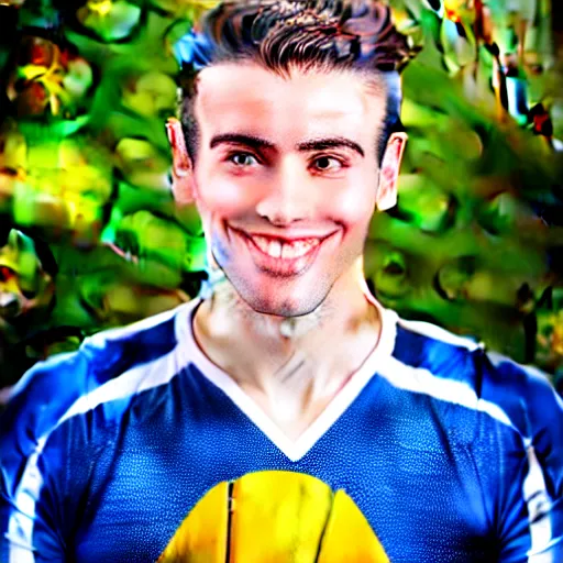 Image similar to a photographic portrait of a young Caucasian man smiling with short brown hair that sticks up in the front, blue eyes, groomed eyebrows, tapered hairline, sharp jawline, wearing a volleyball jersey, sigma 85mm f/1.4, 15mm, 35mm, 4k, high resolution, 4k, 8k, hd, highly detailed, full color, Kodak Kodachrome Film