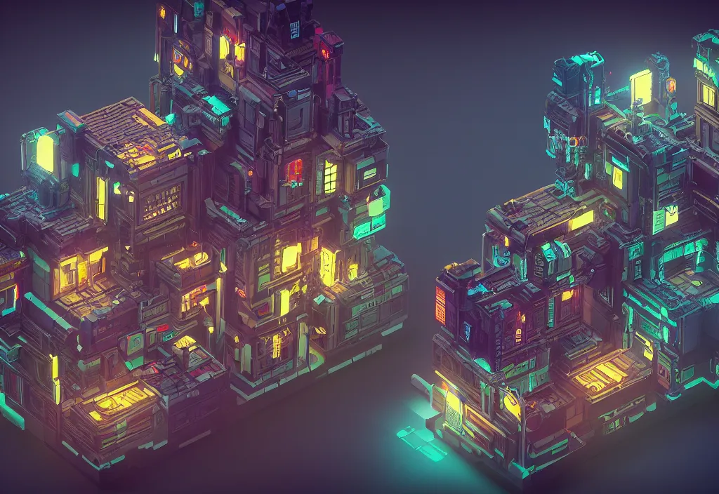 Image similar to magicavoxel cyberpunk house, magicavoxel cinematic lighting, 4k