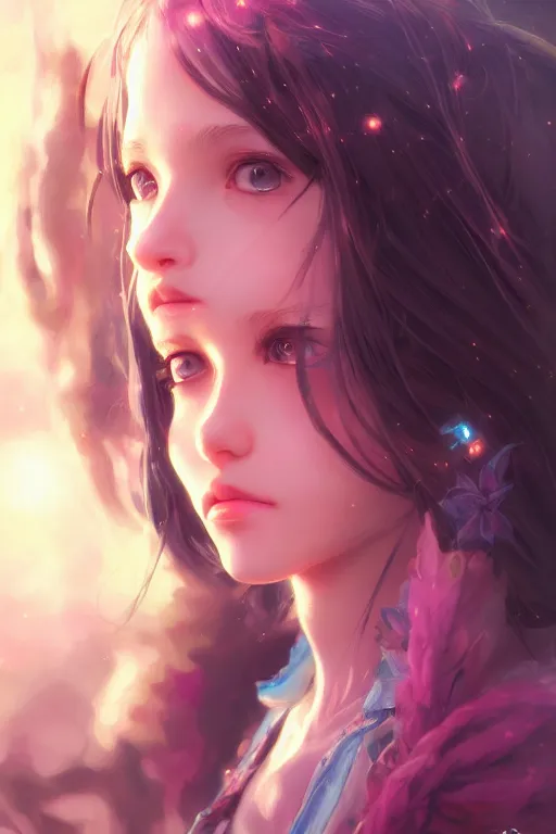 Image similar to portrait of cute girl, beautiful, fantasy, colorful, cinematic lighting, artstation, trending, highly detailed, focus, smooth, by hirohiko araki and yoshitaka amano