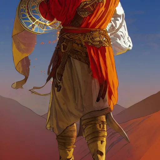 Image similar to an ultra detailed vector image of solaire of astora dressed as the prince of persia, concept art by alphonse mucha and greg rutkowski, bright red desert sands, bright yellow and red sun, octane render, praise the sun