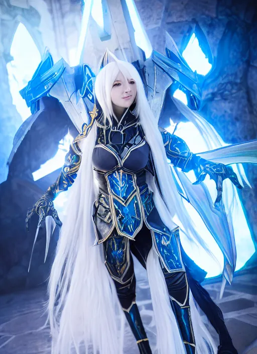 Image similar to photo of a sorceress near mage tower, warframe armor!!, fantasy, white hair, blue decorations, professionally color graded, interesting angle, sharp focus, 8 k high definition, insanely detailed, intricate, intelligent, art by akihiko yoshida and shirotaka