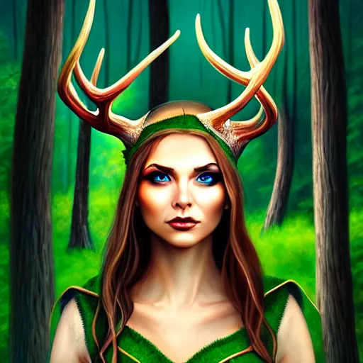 Image similar to elf woman that has antlers, forest in background, matte oil painting, dnd art, fantasy, stunning, beautiful, feral, clear, crisp, sharp, award - winning, portrait, extremely detailed