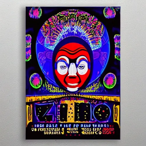 Image similar to Fillmore concert poster for The Bozone April 20, 1969 by Victor Moscoso, by Wes Wilson, by Glen Orbik, black light velvet poster, intricate paisley filigree, Bozo the clown. Circus motif, red clown nose, infinite fractal mandala tunnel, Unreal Engine, Grand Theft Auto render, HD 4D, flowing lettering