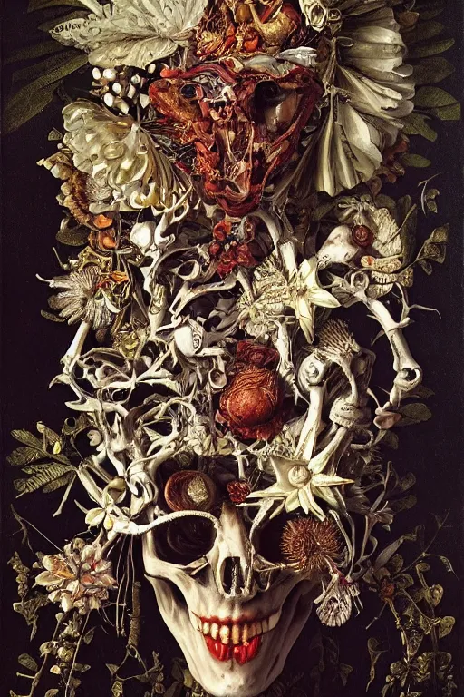 Image similar to Detailed maximalist portrait with large lips and with large white eyes, exasperated expression, botany bones, HD mixed media, 3D collage, highly detailed and intricate, surreal illustration in the style of Caravaggio, dark art, baroque