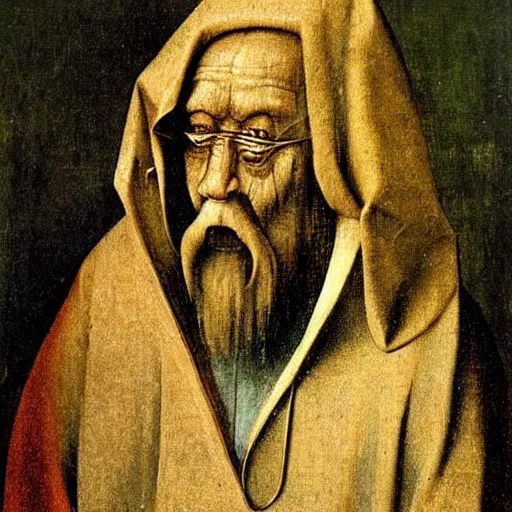 Image similar to portrait of an old wise wizard man in an ancient robe, art by hieronymus bosch