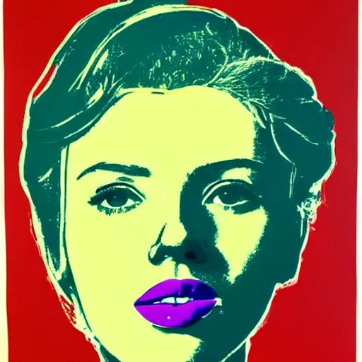 Prompt: Portrait of Scarlett Johansson painted by Andy Warhol