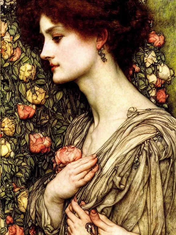 Prompt: Goddess. Extremely high detail, details, realistic, masterpiece, colorful. Portrait painting by Arthur Rackham, Eugene de Blaas, Frederic Leighton