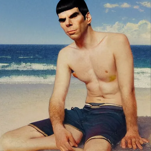 Image similar to portrait of ZACHARY QUINTO SPOCK posing for fashion magazine, beach, sun shining, (SFW) safe for work, photo realistic illustration by greg rutkowski, thomas kindkade, alphonse mucha, loish, norman rockwell