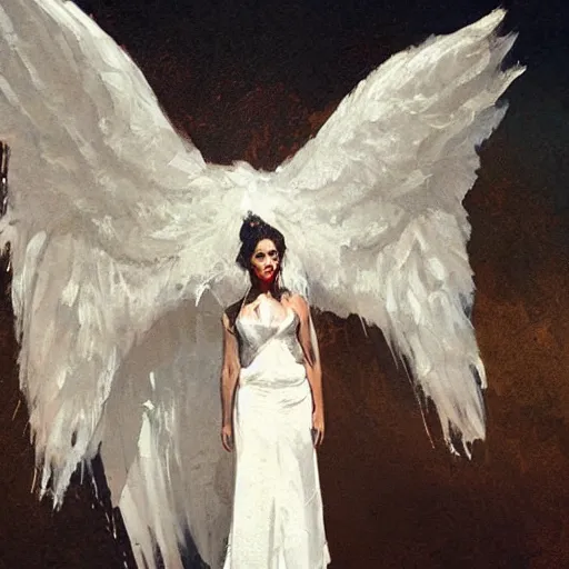 Prompt: Painting by Greg Rutkowski, an opera singer in a white dress with wings on stage