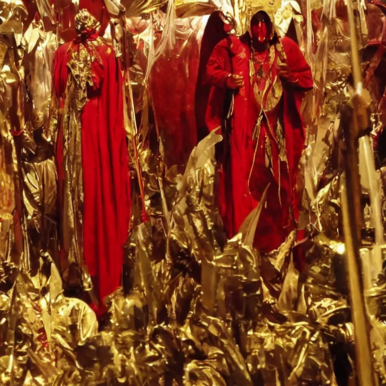 Prompt: pov low quality video of a man being sacrifice by one member of an esoteric cult, wear heavy red ornemental costume and elongate gold mask and jewels, detailed precise cinematic bloody flesh