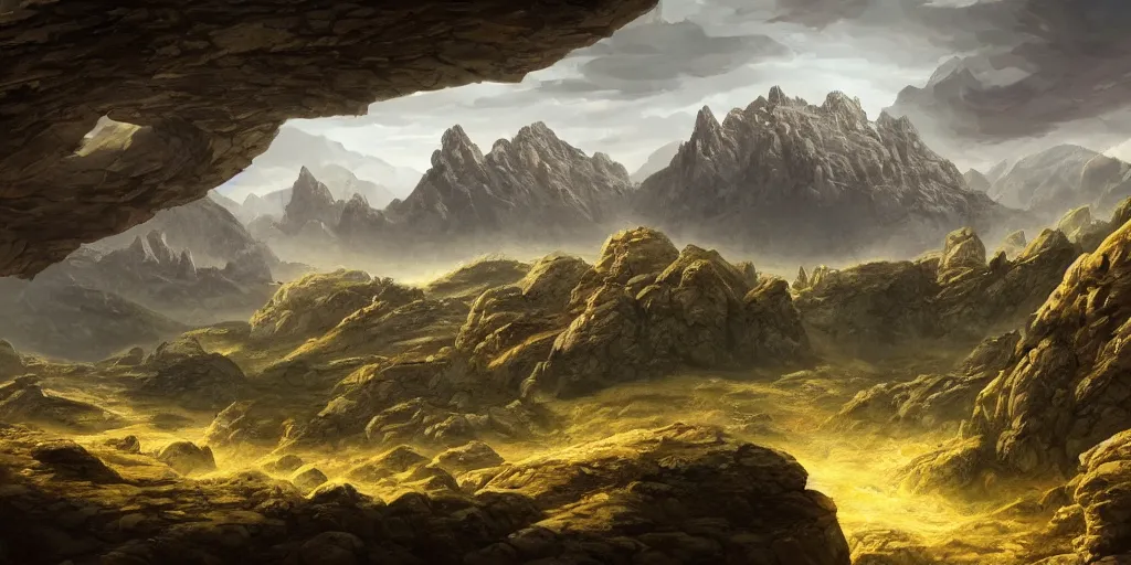 Prompt: The Sci-Fi stone landscape with mountains in the background wallpaper, d&d art, fantasy, painted, 4k, high detail, sharp focus