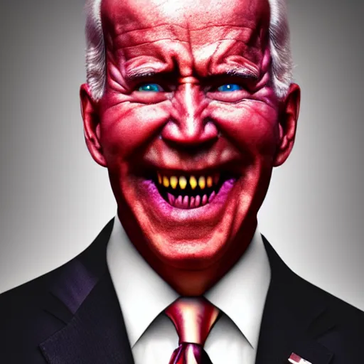 Image similar to hyper realistic terror photo Doom horror furious glowing red eyes biden