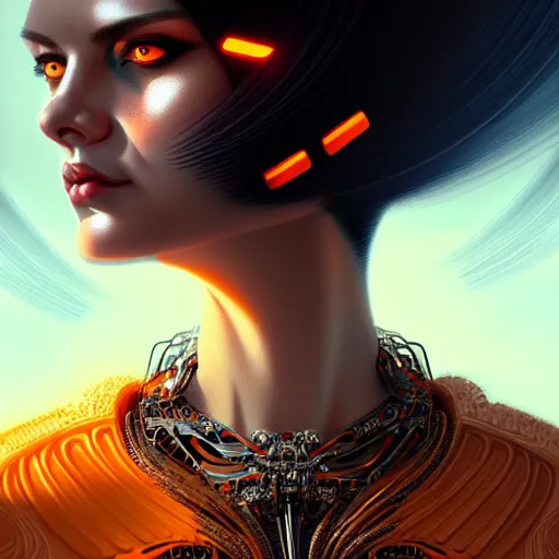 Image similar to woman with extremely large and intricate haircut with angry orange eyes and slim features looking askance, eye cyberpunk bionics, retro futurist style, intricate, elegant gleaming intricate baroque jewelry, angelic halo, highly detailed, digital painting, artstation, concept art, smooth, sharp focus, illustration, art by wlop, mars ravelo and greg rutkowski,