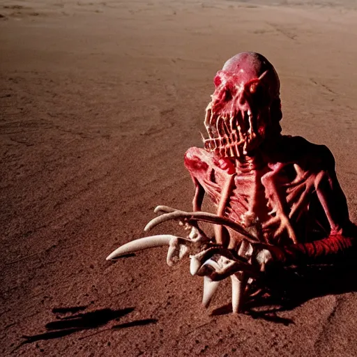 Prompt: in the desert a bloody horrifying The Thing creature made of muscle and bone, mid day, 35mm photography, realistic,