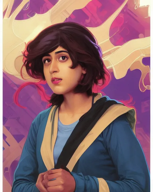 Image similar to A Full View of Kamala Khan played by Iman Vellani, filled with wonder. MCU. John hughes film. masterpiece 4k digital illustration by Ruan Jia and Mandy Jurgens and Artgerm and greg rutkowski and Alexander Tsaruk and WLOP and william-adolphe bouguereau, award winning, Artstation, art nouveau aesthetic, Alphonse Mucha background, intricate details, realistic, panoramic view, Hyperdetailed, 8k resolution, intricate art nouveau