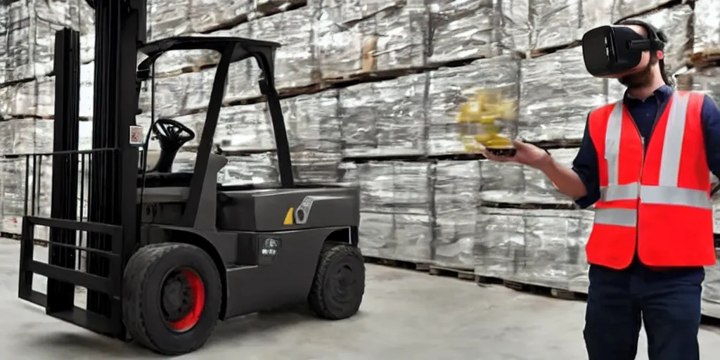 Prompt: funny forklift operator with a vr headset