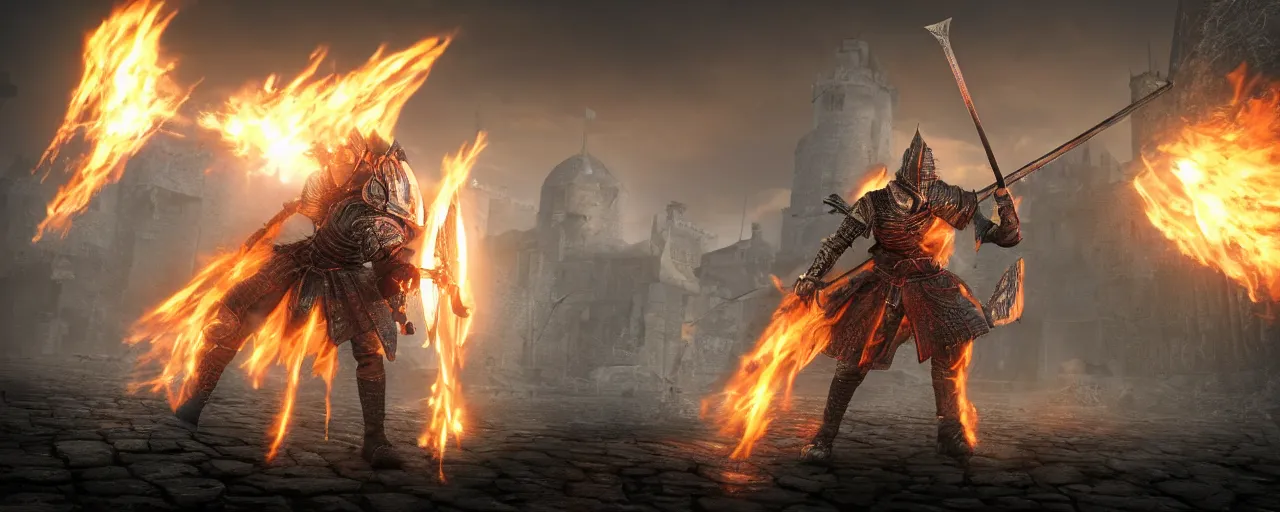 Image similar to flaming knight warrior with sword ::3 standing infront of a white citadel ::2 , dark souls 3 style art, game, unreal engine, ultra graphics, motion blur, ray tracing, light rays