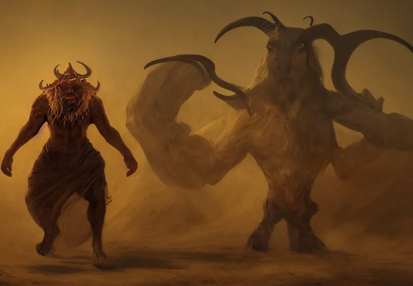 Image similar to terrific jinn demon in middle of desert with hoof on his feet and goat face with long cloth afraid of beautiful powerful angel, epic, good vs evil, atmosphere, harsh lighting, cinematic lighting,, award wining art, artstation, high details, concept art, 4 k