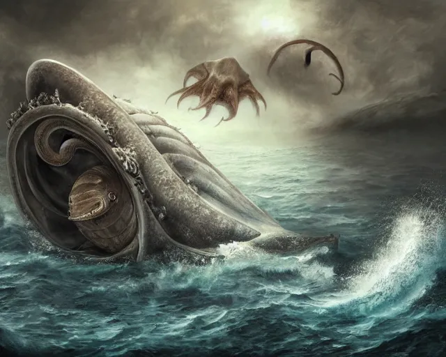 Prompt: concept art trending on art station detailed matte painting of the nautilus submarine being attacked by a kraken with cthulhu like wings, tentacles, dramatic, 8k, digital art
