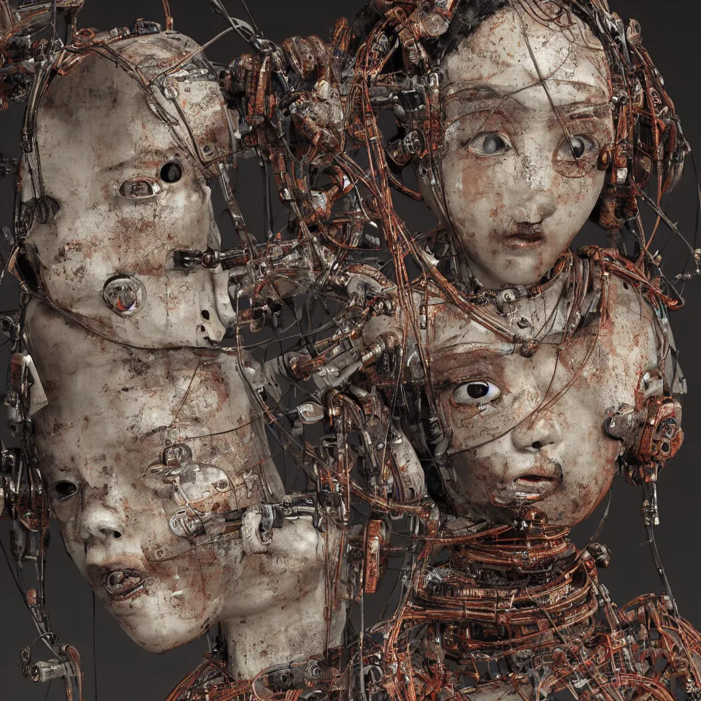 Prompt: Portrait of a slightly rusty, beaten-up Japanese robotic geisha with wires and actuators, dramatic lighting, hyper-realistic, ultra-realistic, intricate details, 8K Ultra High Definition, digital art