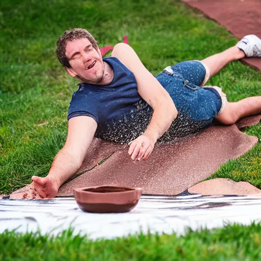 Image similar to adult sliding down chocolate pudding slip n slide head first, professional photo taken at the park