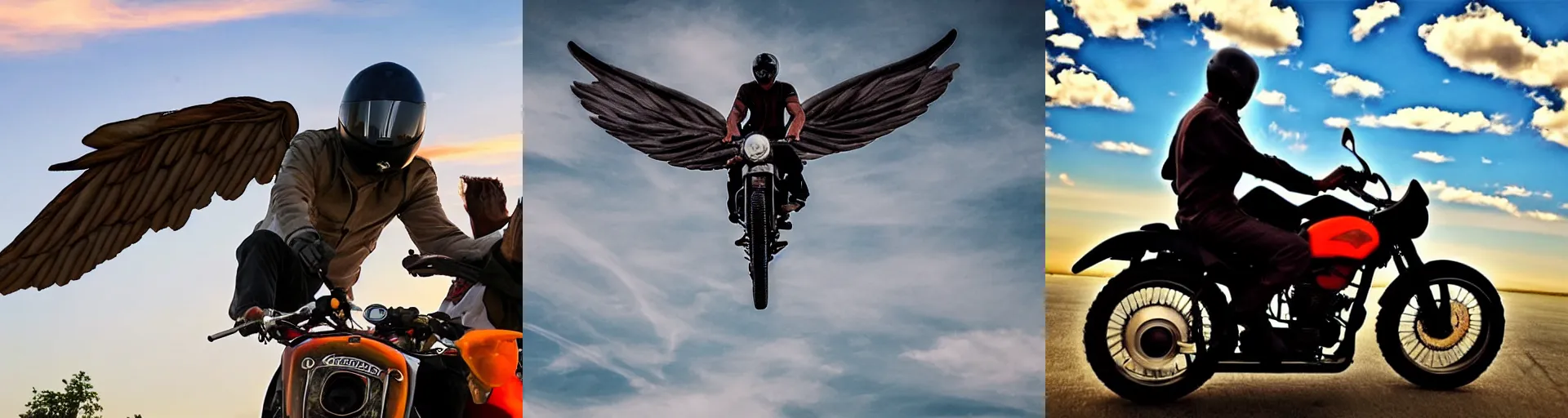 Prompt: A man with wings riding a motorcycle in sky