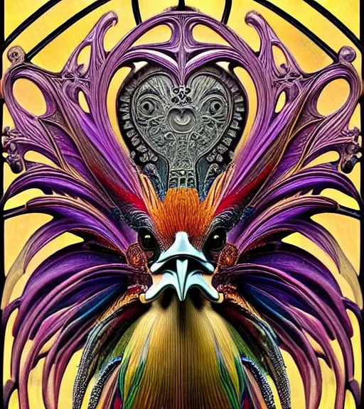 Image similar to hyperrealistic detailed face portrait of a beautiful rooster morphing into a gothic cathedral, authentic ornamental architecture, intricate and highly detailed, awe inspiring art by ernst haeckel, h. r. giger, alphonso mucha, android jones, james jean, gothic, neo - gothic, heavily ornamental, nice deep colours,