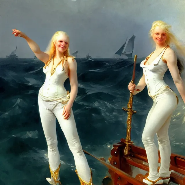 Prompt: painting of a muscular albino female pirate captain with broad shoulders, flowing white hair, and a confident smile, sleeveless uniform, on a boat at sea. painting by john singer sargent and ivan aivazovsky, 4 k hd artstation