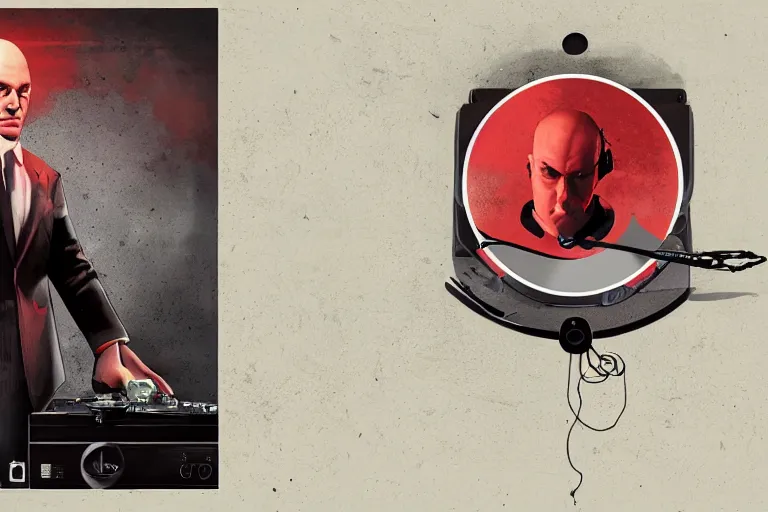 Image similar to a portrait of agent 4 7 from hitman wearing headphones and putting a vinyl record onto a turntable, dark background, red rim light, digital art, artstation, concept art by giger stalenhag