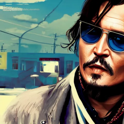 Image similar to Johnny Depp in GTA V Cover art by Steven Bliss, artstation, no text