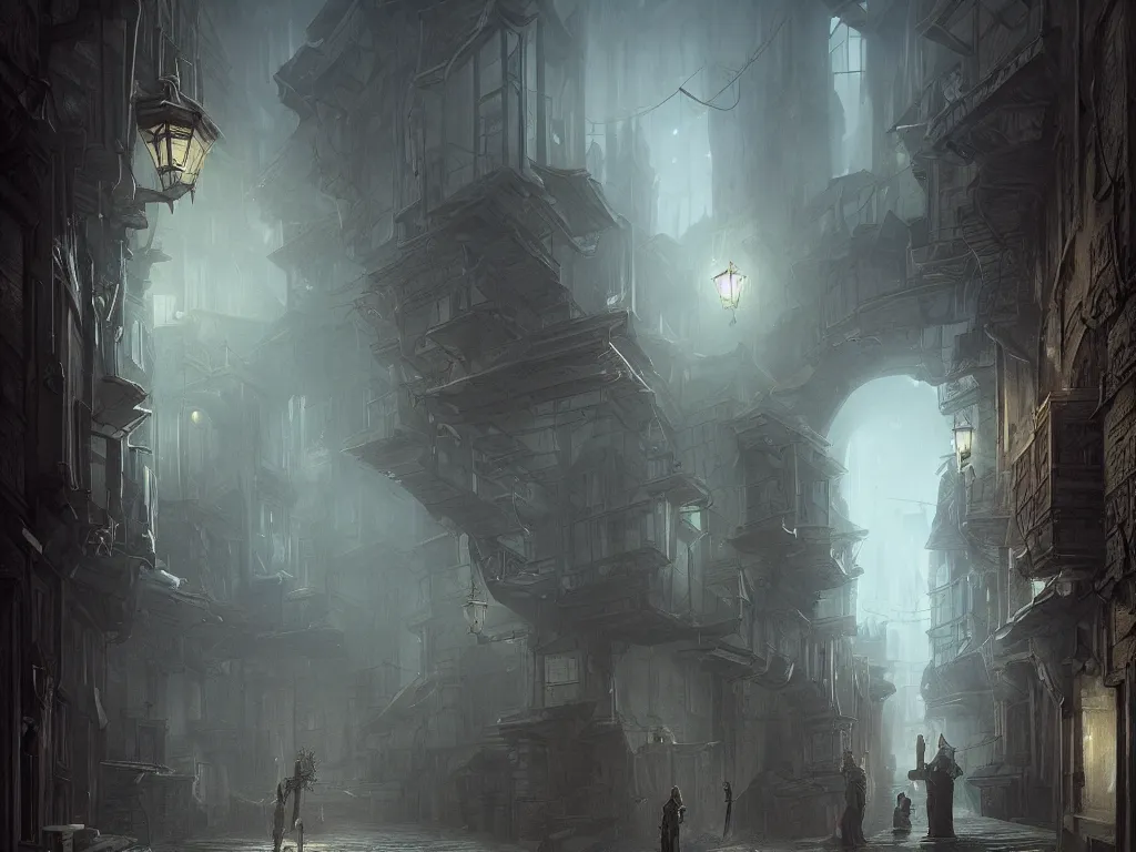 Image similar to a detailed matte painting of a nightscene with a dark alley at the end an illuminated door in the style of greg rutkowski and hiromasa ogura