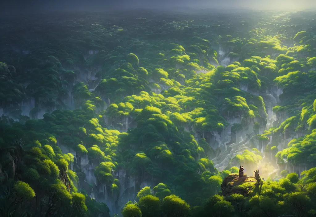 Prompt: high view of the background of a forest that has an endless pit in the bottom of the image, stylised painting, visible brush strokes, forest, medieval architecture, dynamic lighting, aesthetics, smooth, d & d, fantasy, asymmetrical, intricate, elegant, matte painting, by makoto shinkai borderlands and by feng zhu rossdraws