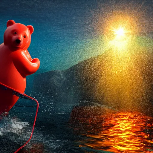 Image similar to life - sized gummi bear is deep sea fishing in a sportfisherman boat. he is fishing for swedish fish candy and using gummi worm candy as bait. photorealistic digital art, epic fantasy, dramatic lighting, cinematic, extremely high detail, cinematic lighting, trending, artstation, cgsociety, 3 d ue 5, 4 k, hq