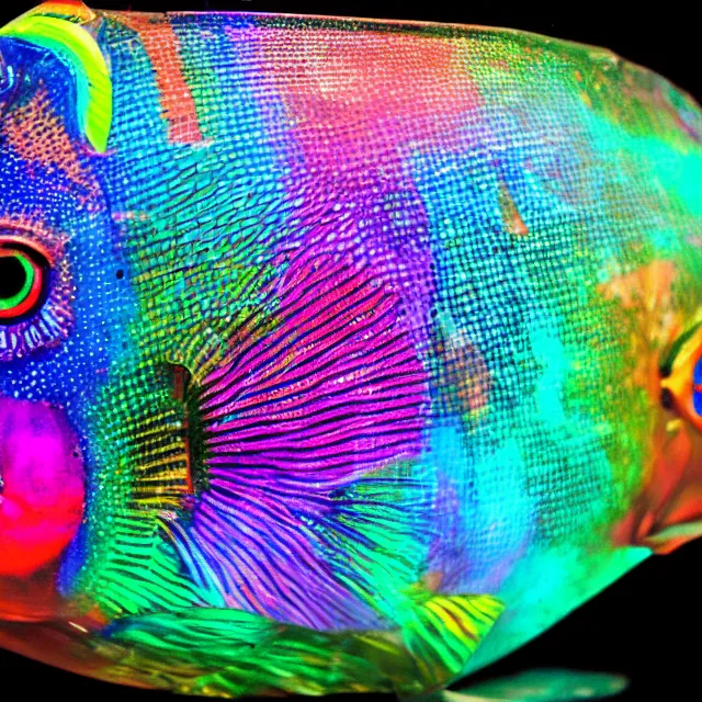 Image similar to megalophobia ultra detailed giant glowing rainbow crystal fish with laser eyes and a heart of gold