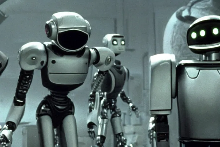 Image similar to a movie still from the 1985 summer blockbuster movie Back to the Robots directed by Steven Spielberg