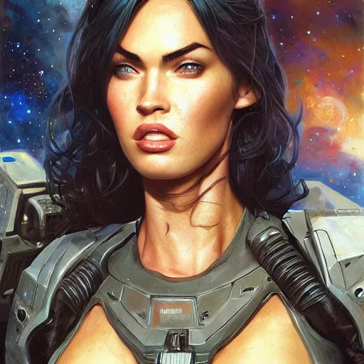 Image similar to Megan Fox as a space soldier, closeup character art by Donato Giancola, Craig Mullins, digital art, trending on artstation