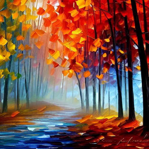 Prompt: beautiful leonid afremov painting of a foggy forest path on a lovely autumn day. trending on artstation 8k hq