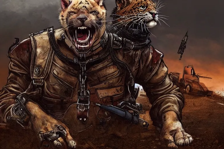 Image similar to a good ol'jaguar fursona ( from the furry fandom ), heavily armed and armored facing down armageddon in a dark and gritty version from the makers of mad max : fury road. witness me.