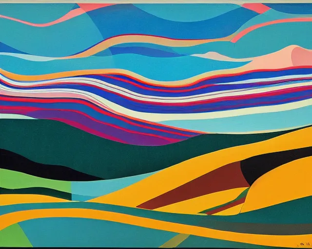 Image similar to A wild, insane, modernist landscape painting. Wild energy patterns rippling in all directions. Curves, organic, zig-zags. Saturated color. Mountains. Clouds. Rushing water. Wayne Thiebaud. Lisa Yuskavage landscape.