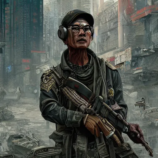 Image similar to 8K detailed realistic illustration of a post-apocalyptic cyberpunk Indonesia war general in the style of leonard boyarsky, high resolution