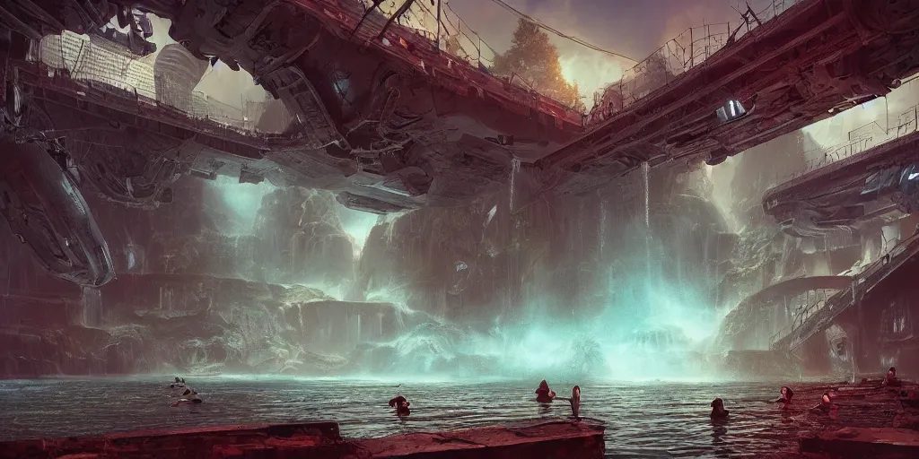 Image similar to alien spacecraft hovering over beautiful pool waterfalls surrounded by alien robots, steel archways, industrial buildings, rusty metal towers, sun setting, ross tran, fantasy, james jean,, cinematic lighting, digital painting, octane render