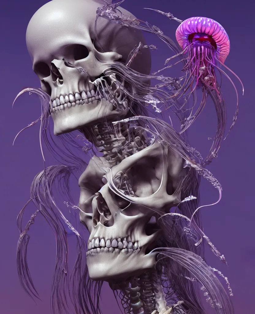 Image similar to goddess close-up portrait human skeleton, ram skull, jellyfish, orchid, betta fish, bioluminiscent, intricate artwork by Tooth Wu and wlop and beeple. octane render, trending on artstation, greg rutkowski very coherent symmetrical artwork. cinematic, hyper realism, high detail, octane render, 8k