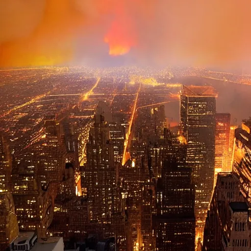 Prompt: a photograph photo of new york city being scorched by holy fire from the sky and meteors