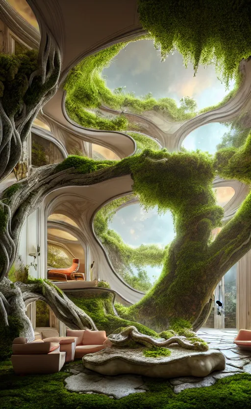 Image similar to highly detailed villa natural beautiful light interior soft cinematic composition of a smooth ceramic porcelain biomorphic magnolia stone nebula fluid sci - fi surreal colorful architecture landscape, furniture, granite, trees, marble, moss, lichen, fungi, vincent callebaut composition, mamou - mani, archviz, 8 k, unreal engine, hdr