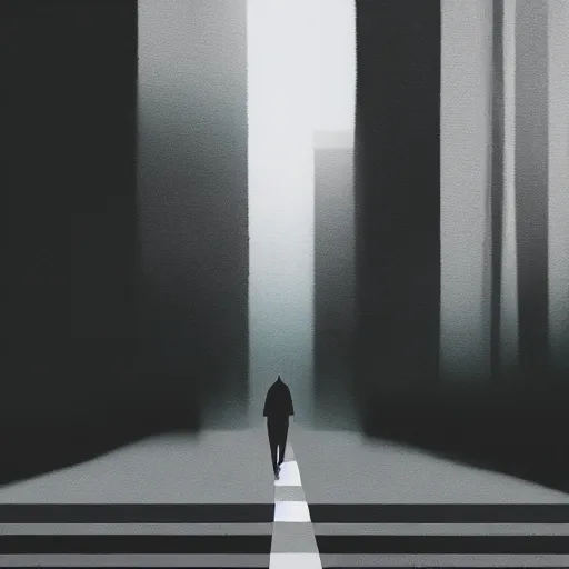 Image similar to photo realistic, painting of a wizard walking alone in the boulevard of broken dreams, painted black, hyper detail, in the style of beeple, rule of thirds