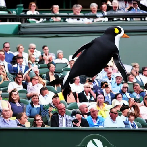 Prompt: a man dressed as a penguin runs on Wimbledon center court during match between Nadal and Tiafoe