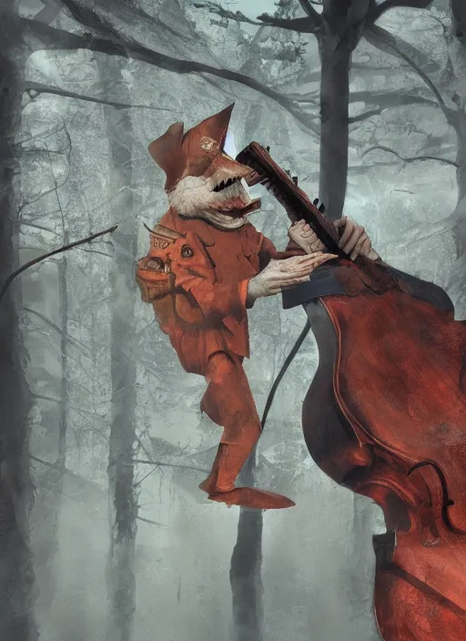 Image similar to a cute sharply dressed goblin playing the blues on an old guitar, in the style of boris valejo and terry gilliam, fantastic, dramatic lighting, smoke, mist, forest, hyperrealistic, photorealistic, accurate, detailed, octane render